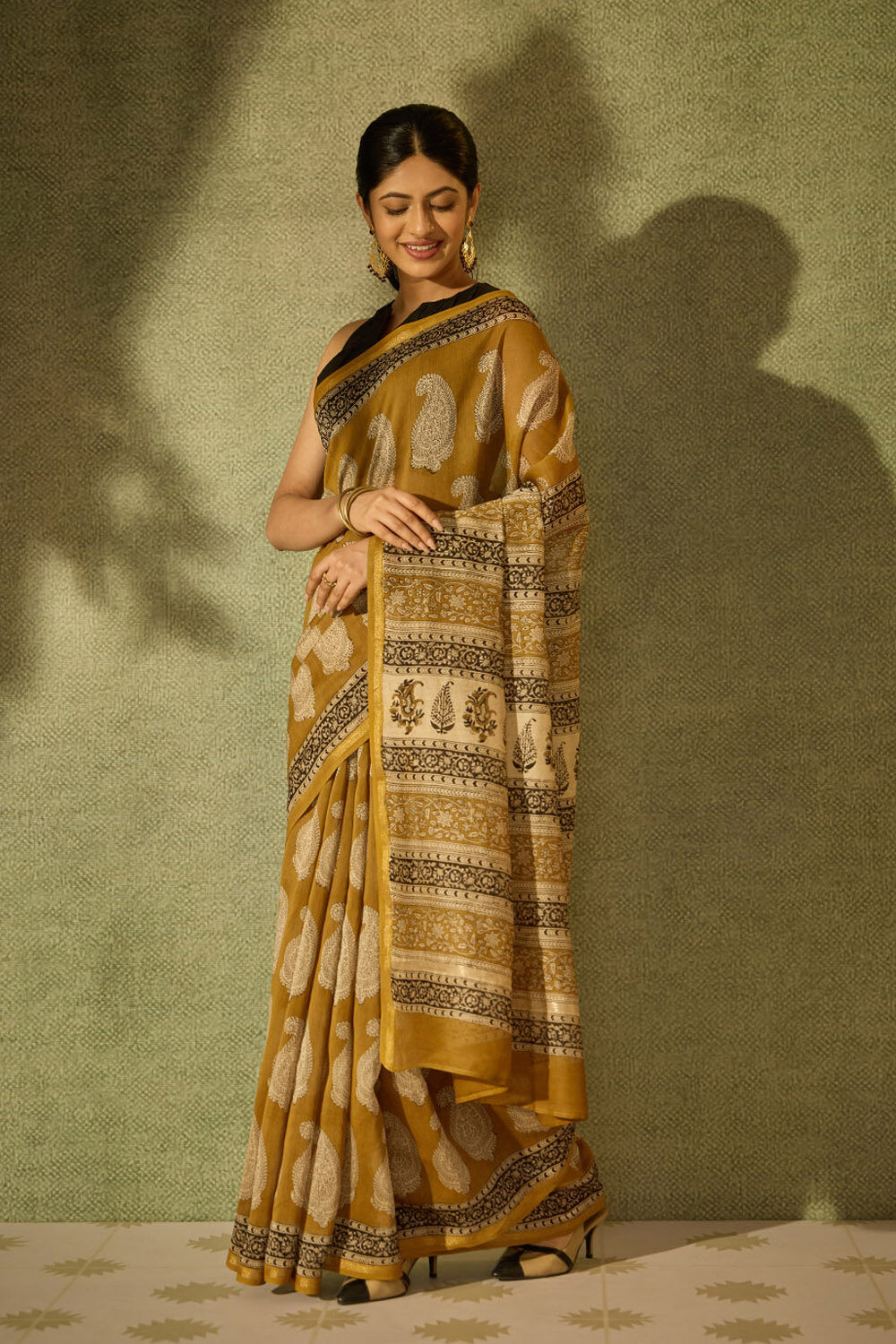 Dark Yellow Bagru Bagru Block Printed Pure Silk Cotton Saree image number null