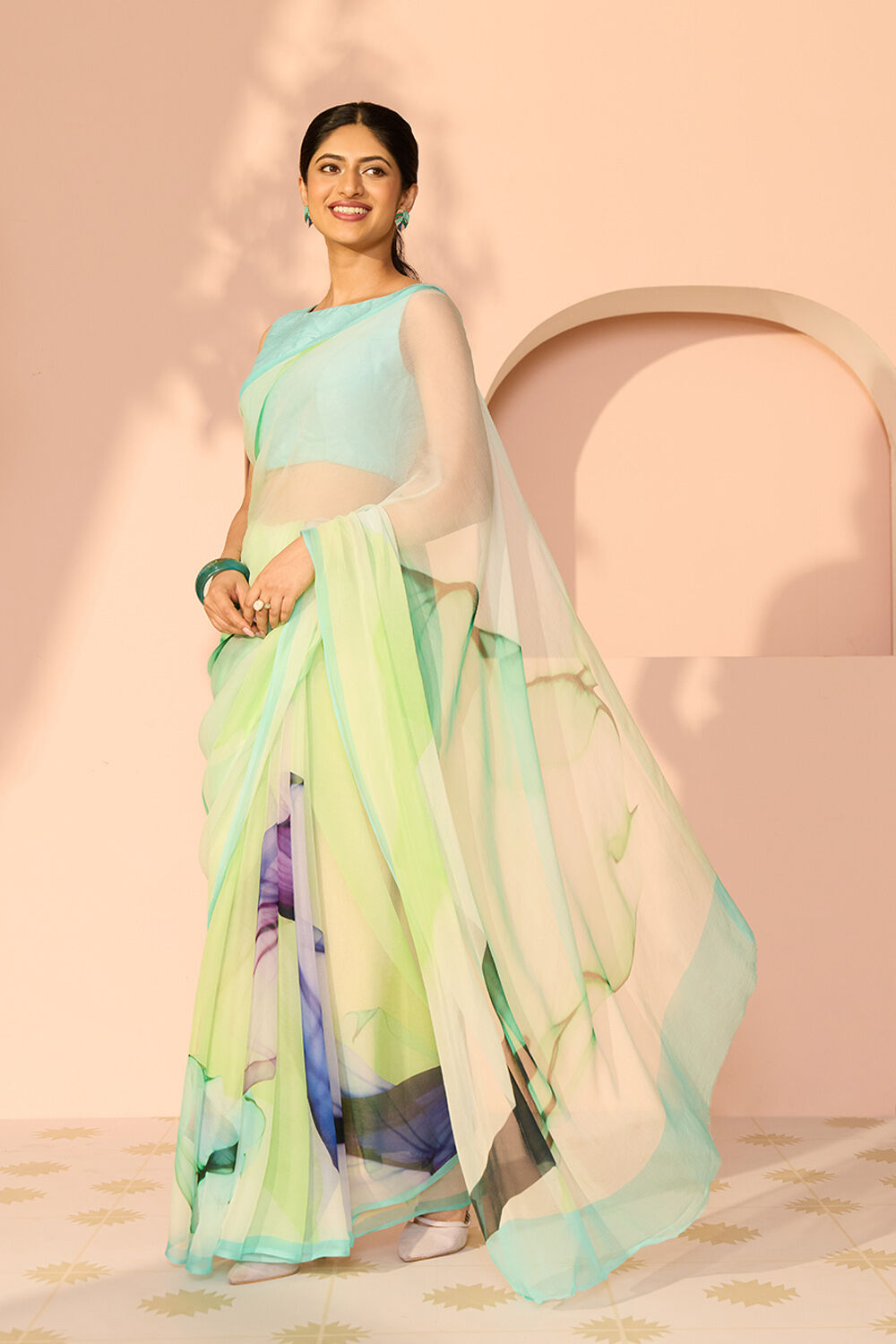 Green Printed Viscose Chiffon Saree image number null