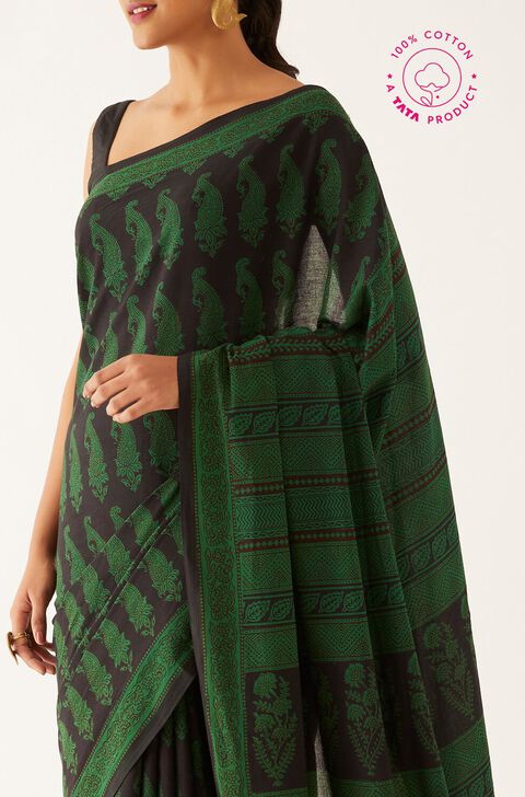 Dark Green Pure Cotton Bagh Printed Saree