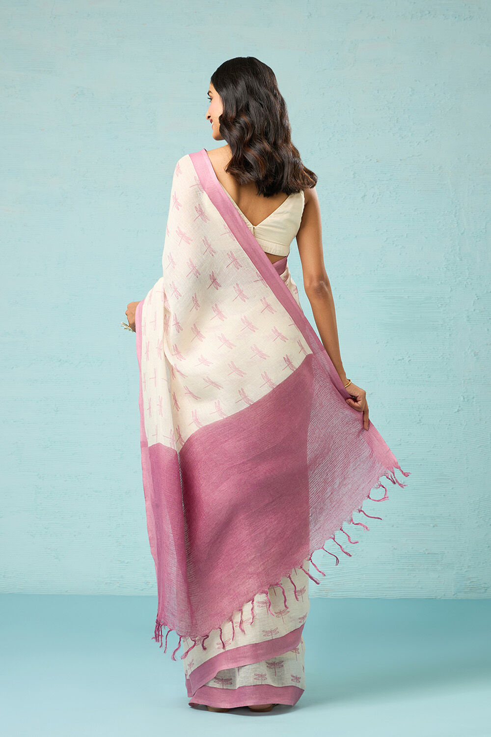 Off White Screen Printed Pure Linen Saree image number null