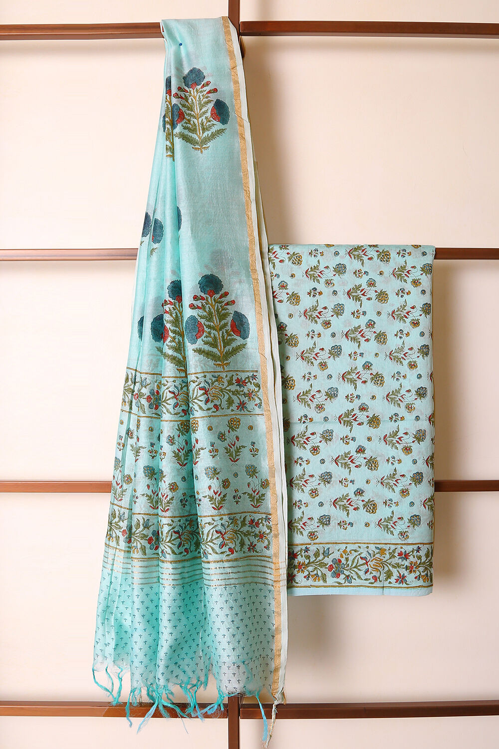 Powder Blue Printed Pure Silk Cotton Suit Set image number null