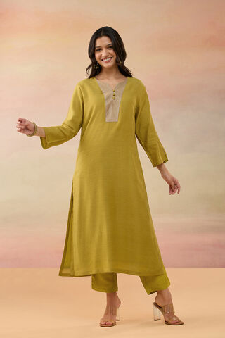 Dark Yellow Pure Tussar Silk Woven Kurta Set image number