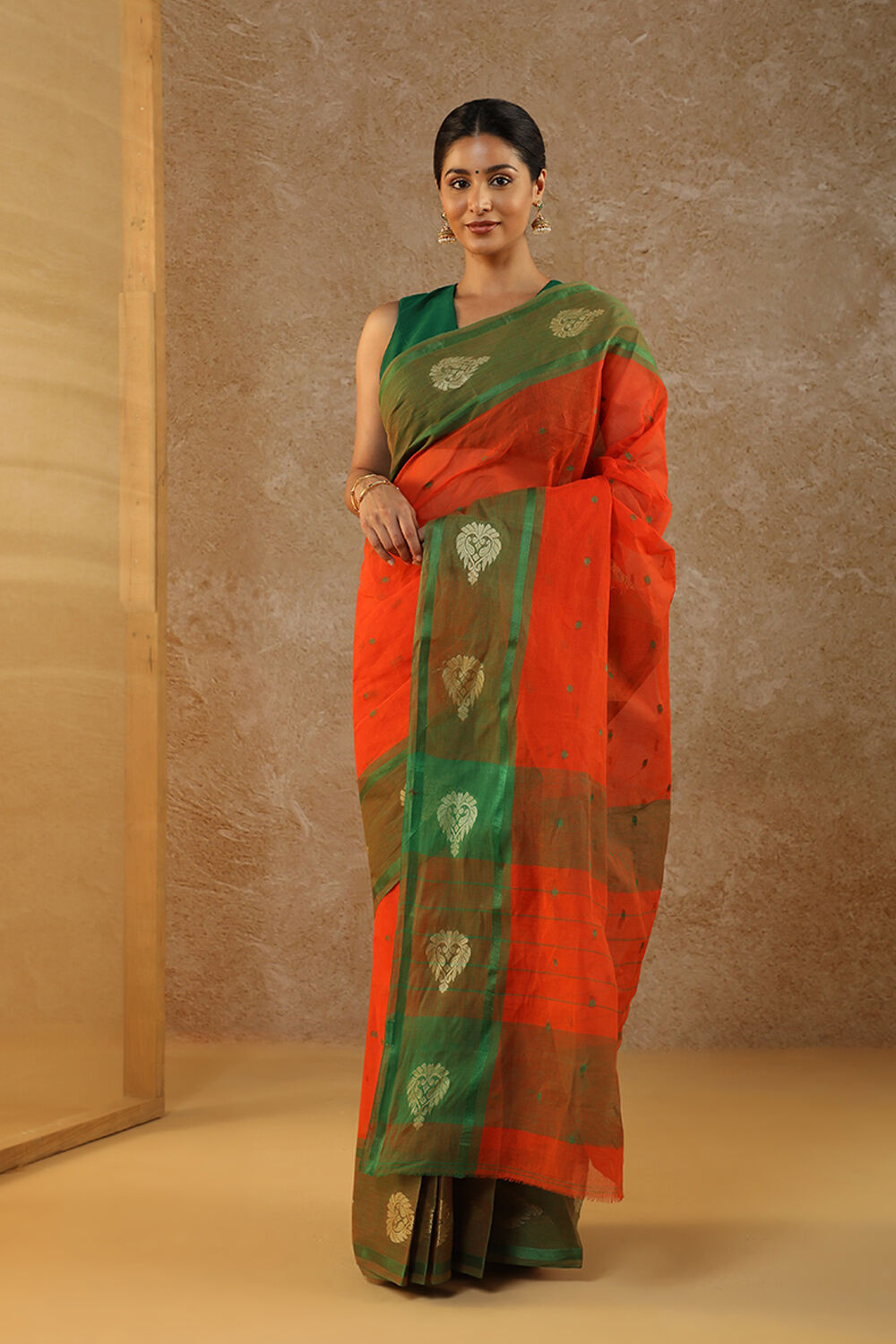 Orange Woven Pure Cotton Bengal Saree image number null