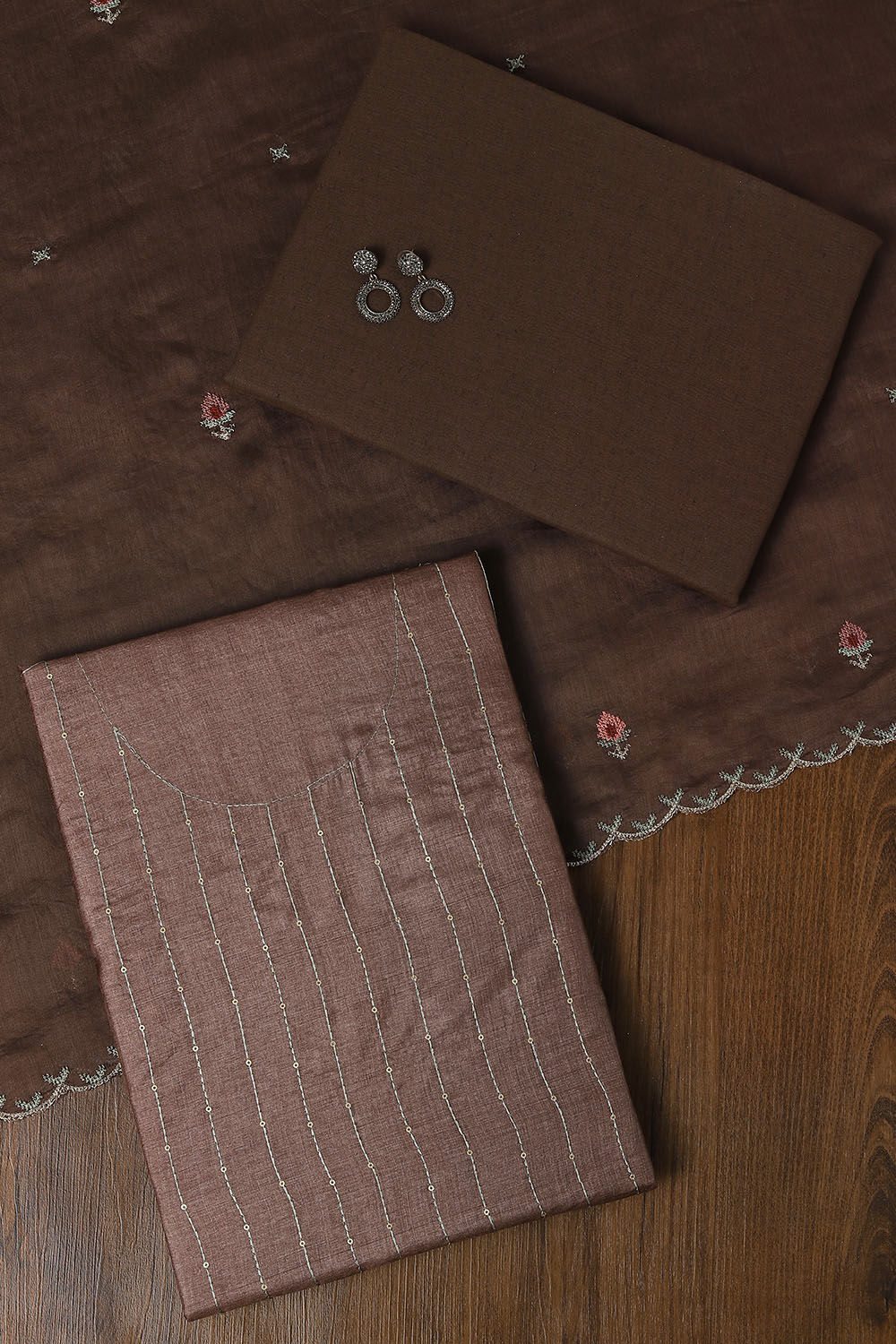 Brown Tussar Embroidered Unstitched Suit Set image number null