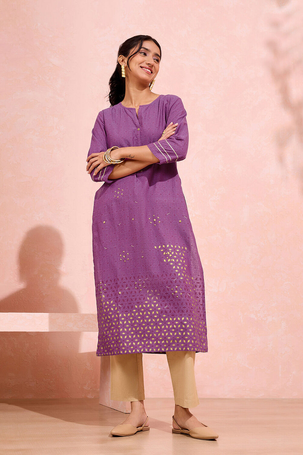 Purple Pure Cotton Printed Embroidery Kurta image number null
