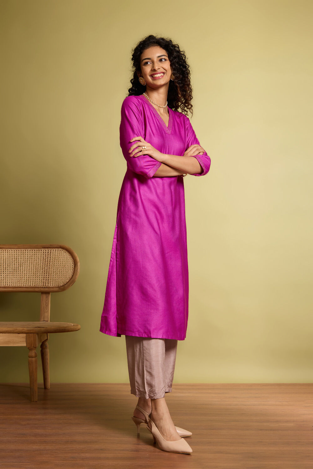 Dark Violet Silk Viscose Embroidered Kurta image number null