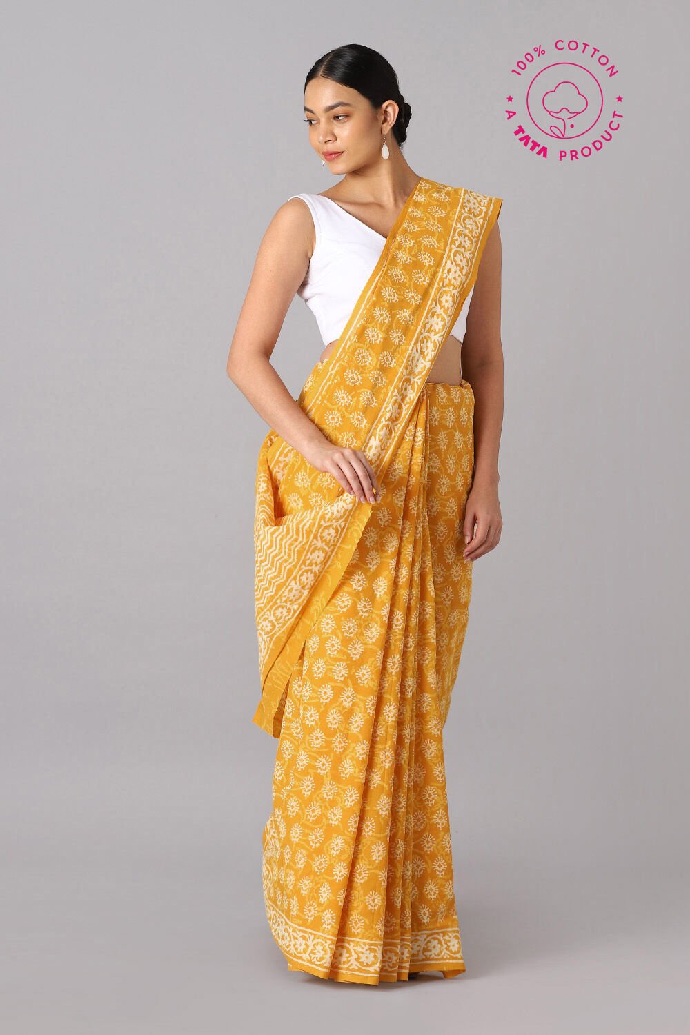 Yellow Pure Cotton Hand Printed Saree image number null