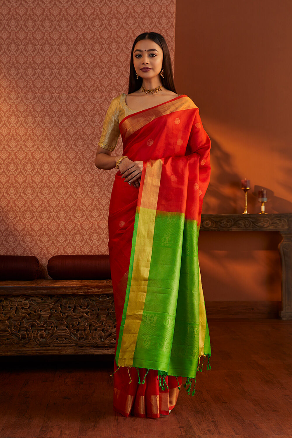 Orange South Pure Silk Woven Saree image number null
