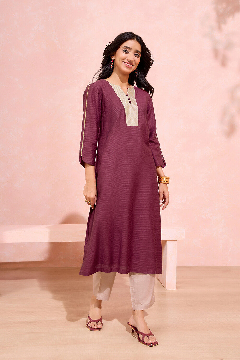 Dark Red Woven Pure Tussar Silk Kurta Set image number null