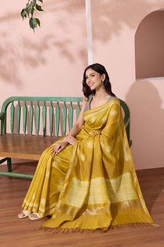 Light Yellow Pure Silk Cotton Shibori Saree image number