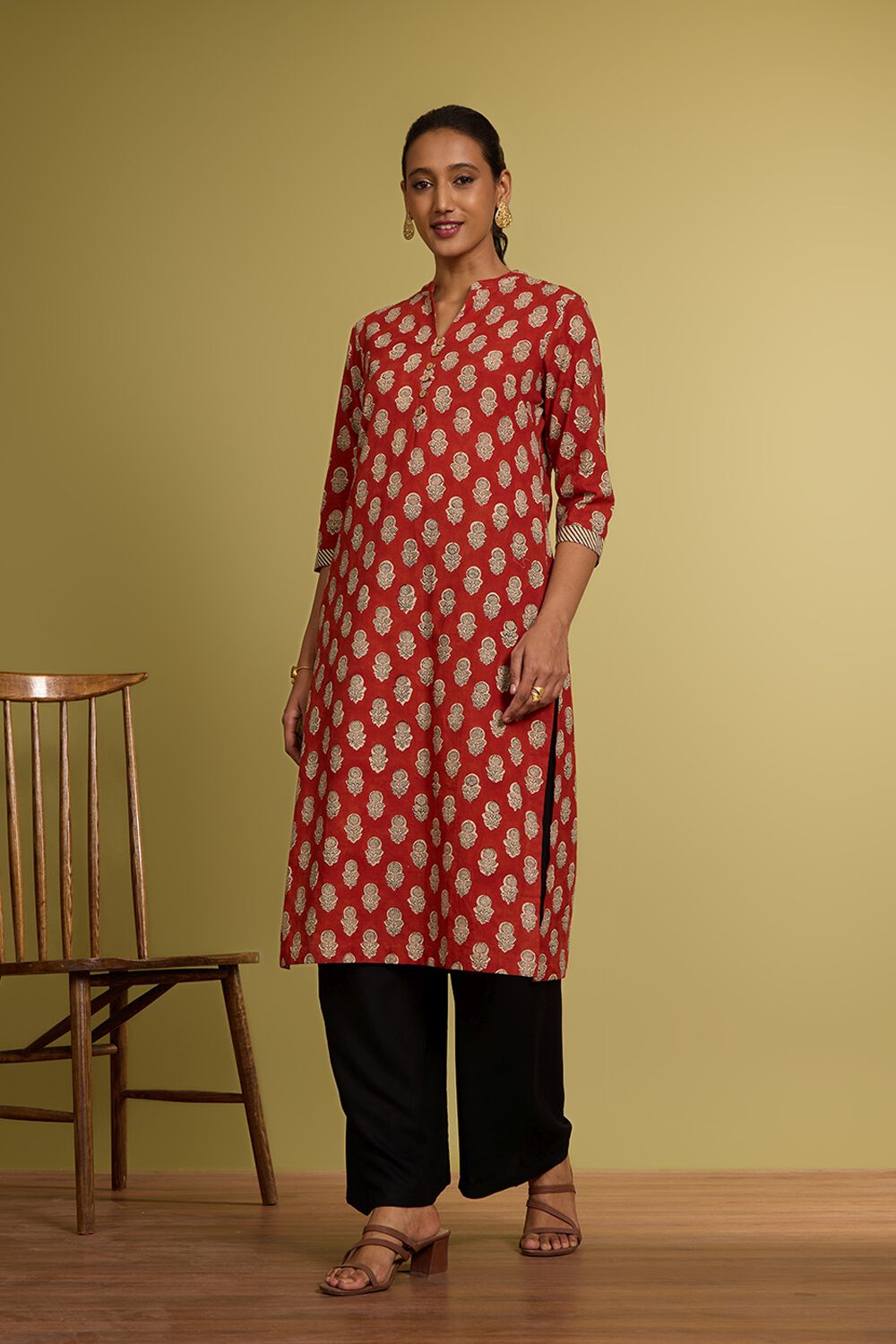 Dark Red Bagru Block Printed Pure Cotton Kurta image number null