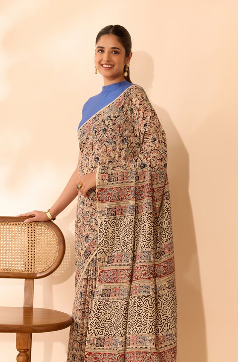 Beige Printed Kalamkari Machilipatnam Pure Cotton Saree