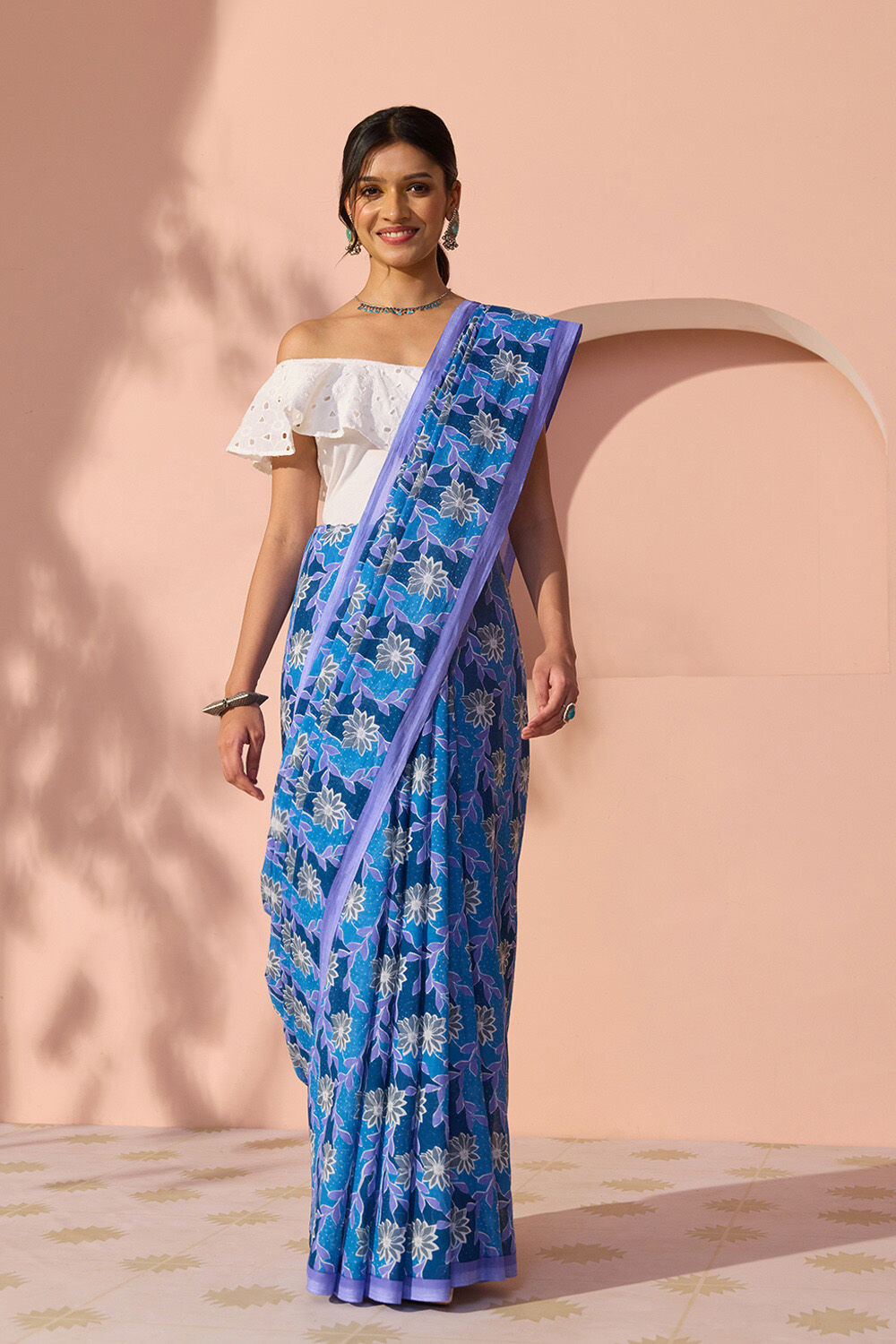 Blue Bengal Screen Printed Pure Cotton Mulmul Saree image number null