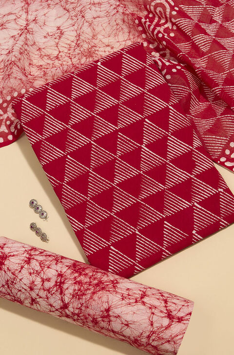 Dark Red Pure Cotton Batik Unstitched Suit Set