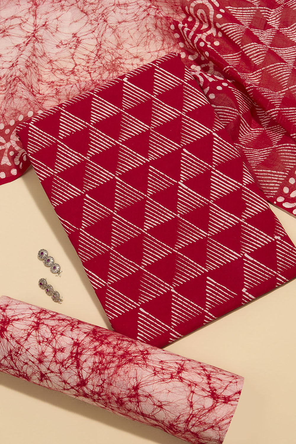 Dark Red Pure Cotton Batik Unstitched Suit Set image number null