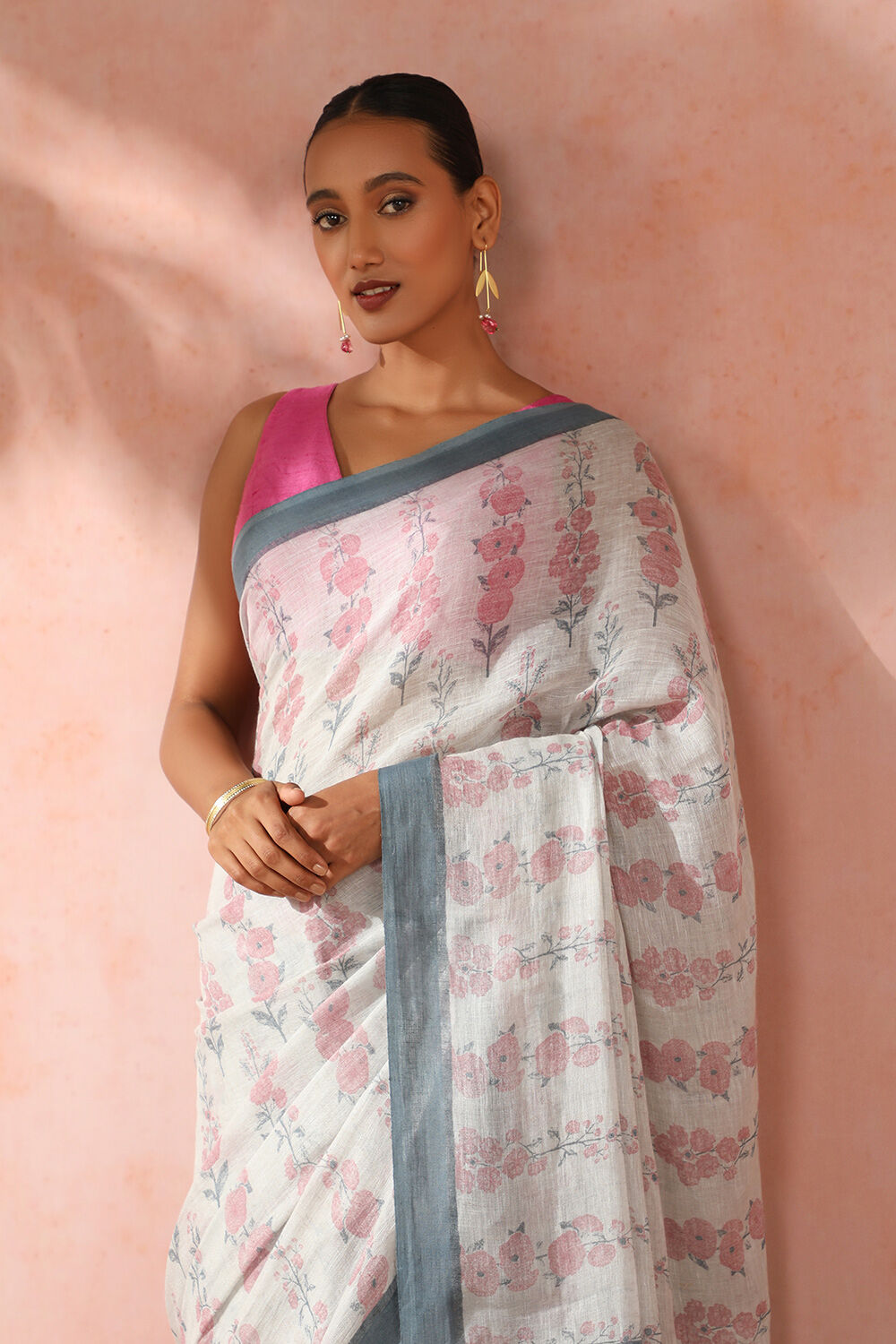 White Contemporary Pure Linen Screen Printed Saree image number null