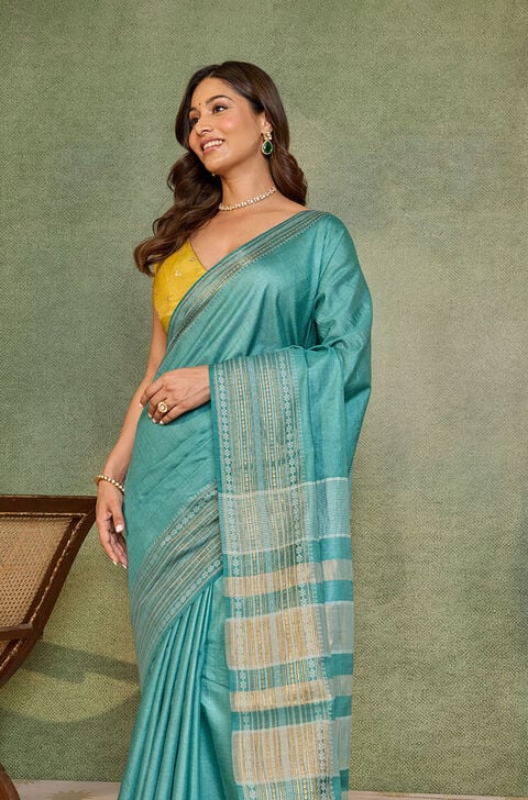 Light Blue Chattisgarh Woven Pure Tussar Silk Saree