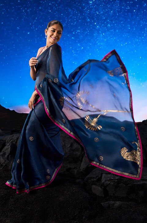 Blue Pure Organza Printed Embroidery Saree