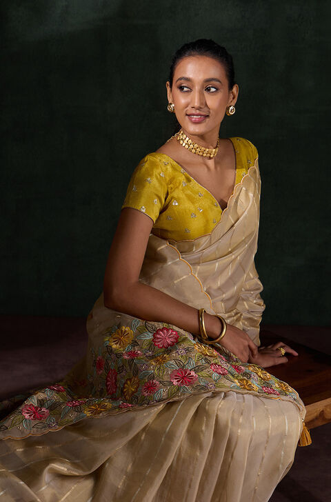 Beige Woven Viscose Tissue Saree