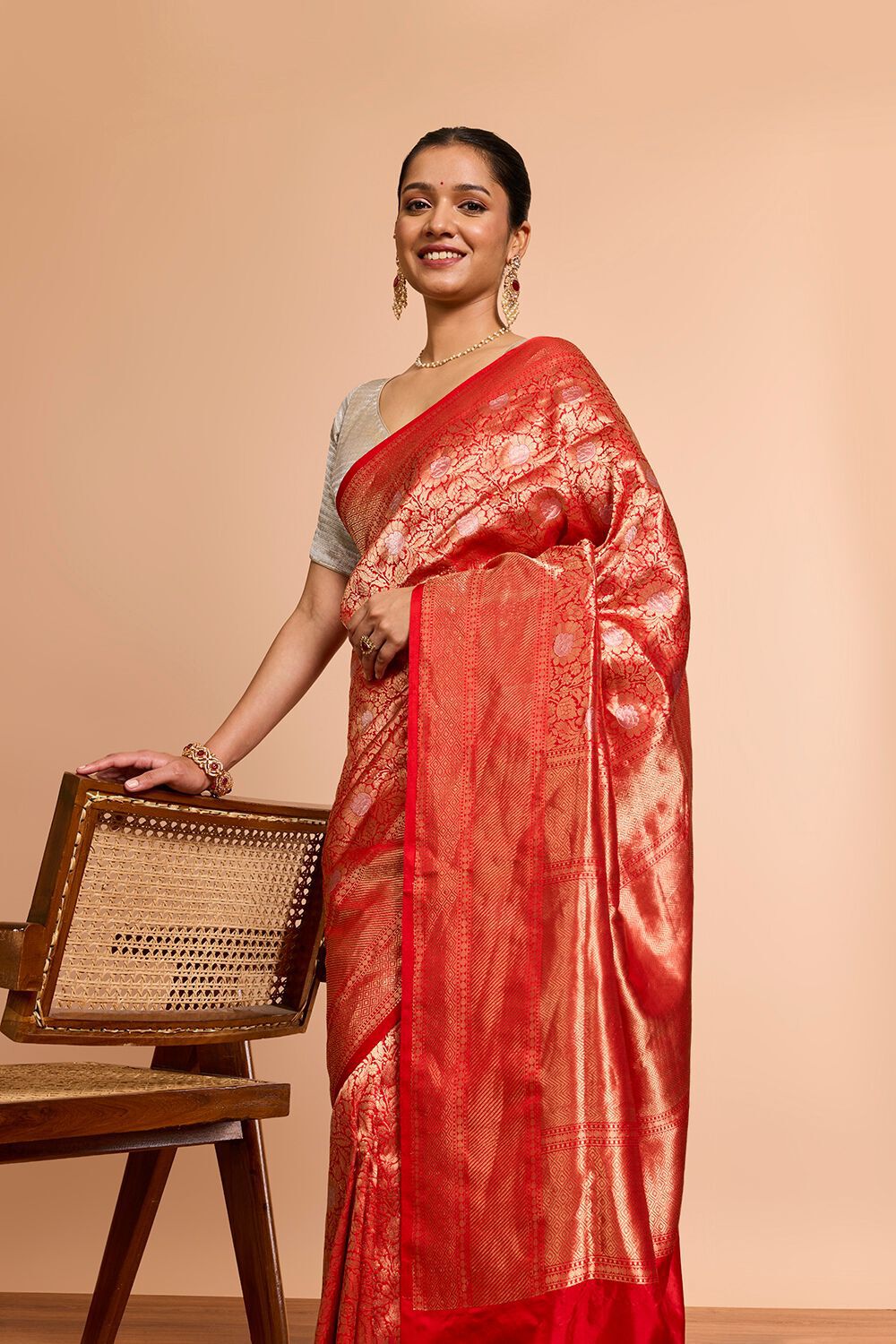 Red Pure Silk Cutwork Banaras Saree image number null