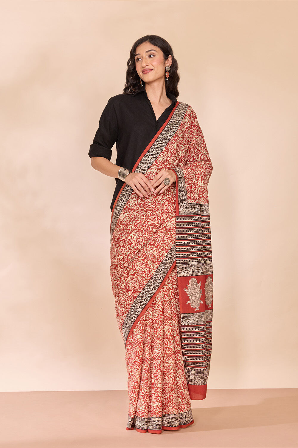 Dark Red Rajasthan Block Printed Pure Cotton Saree image number null