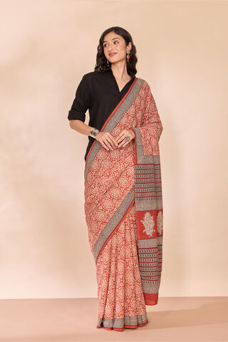 Dark Red Rajasthan Block Printed Pure Cotton Saree thumbnail image number null