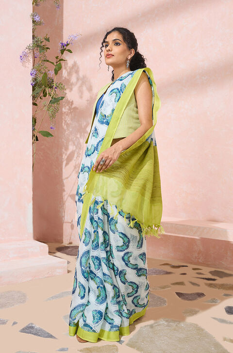 Off White Screen Printed Silk Modal Saree