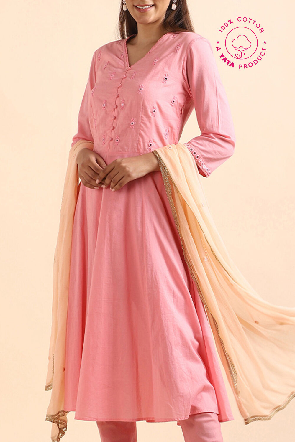 Light Pink Shisha Embroidered Cotton Kurta Set image number null