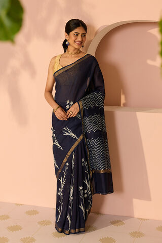 Blue Bagru Bagru Block Printed Pure Silk Cotton Saree image number