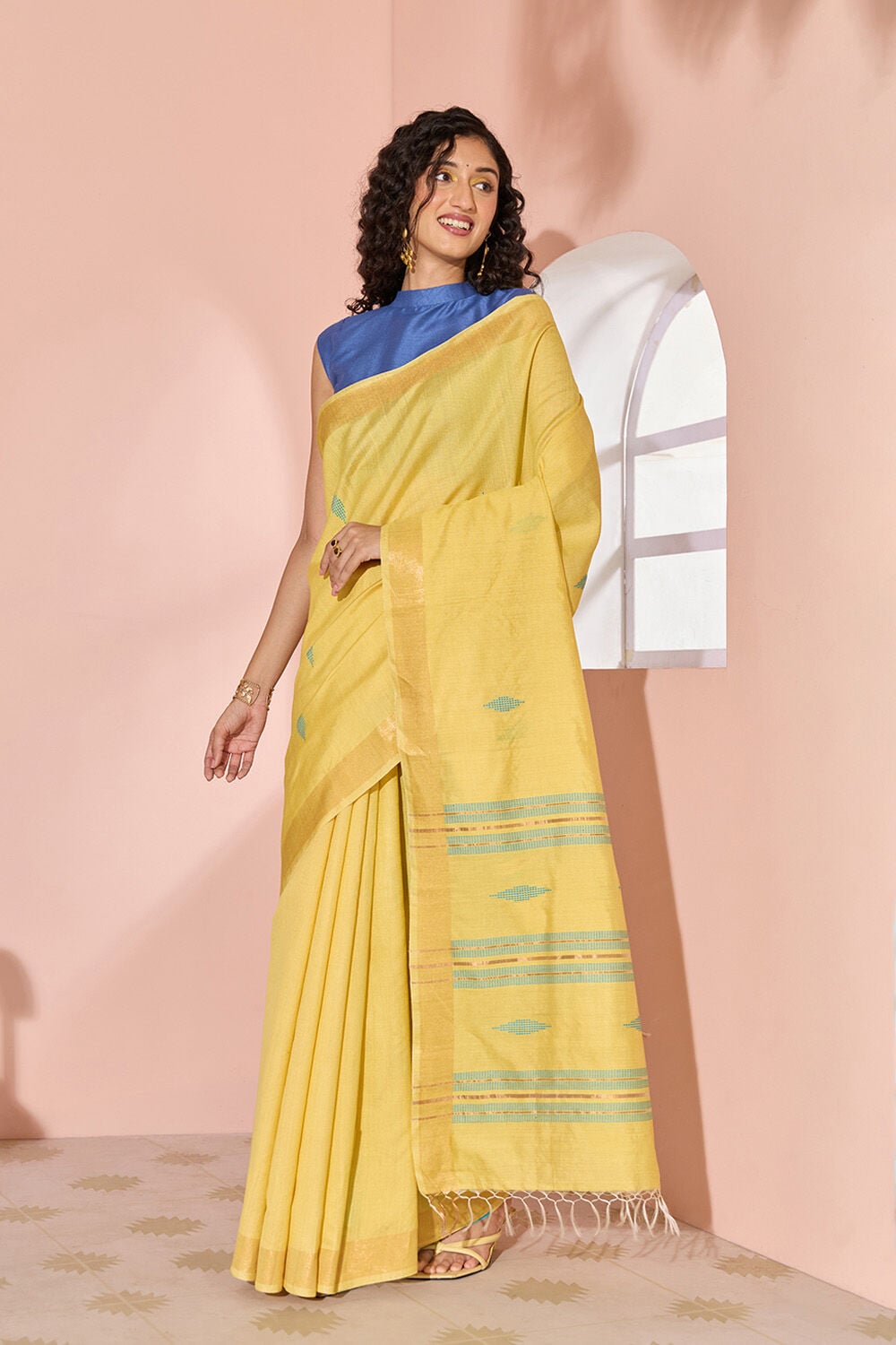 Yellow Woven Silk Viscose Bhagalpur Saree image number null