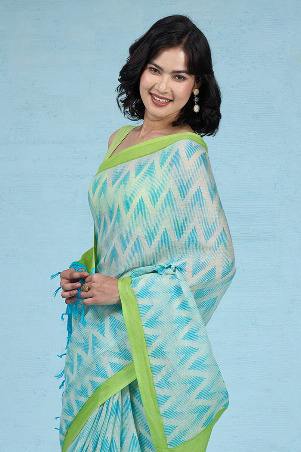 Blue Screen Printed Pure Linen Saree image number null