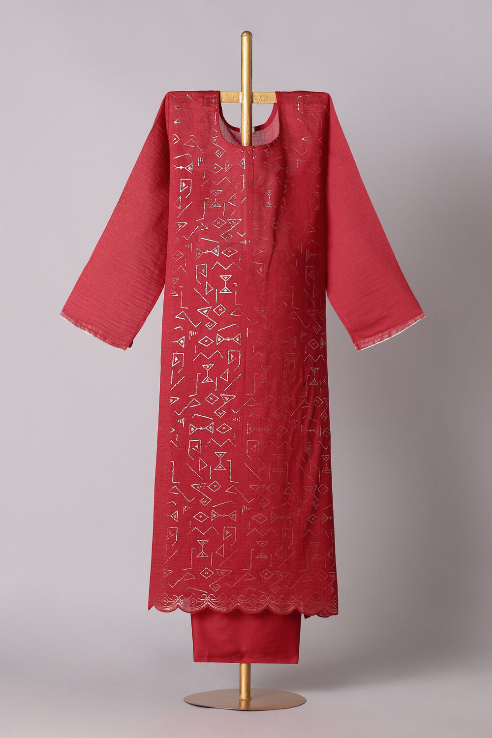 Dark Red Silk Cotton Embroidered Semistitched Suit Set image number null