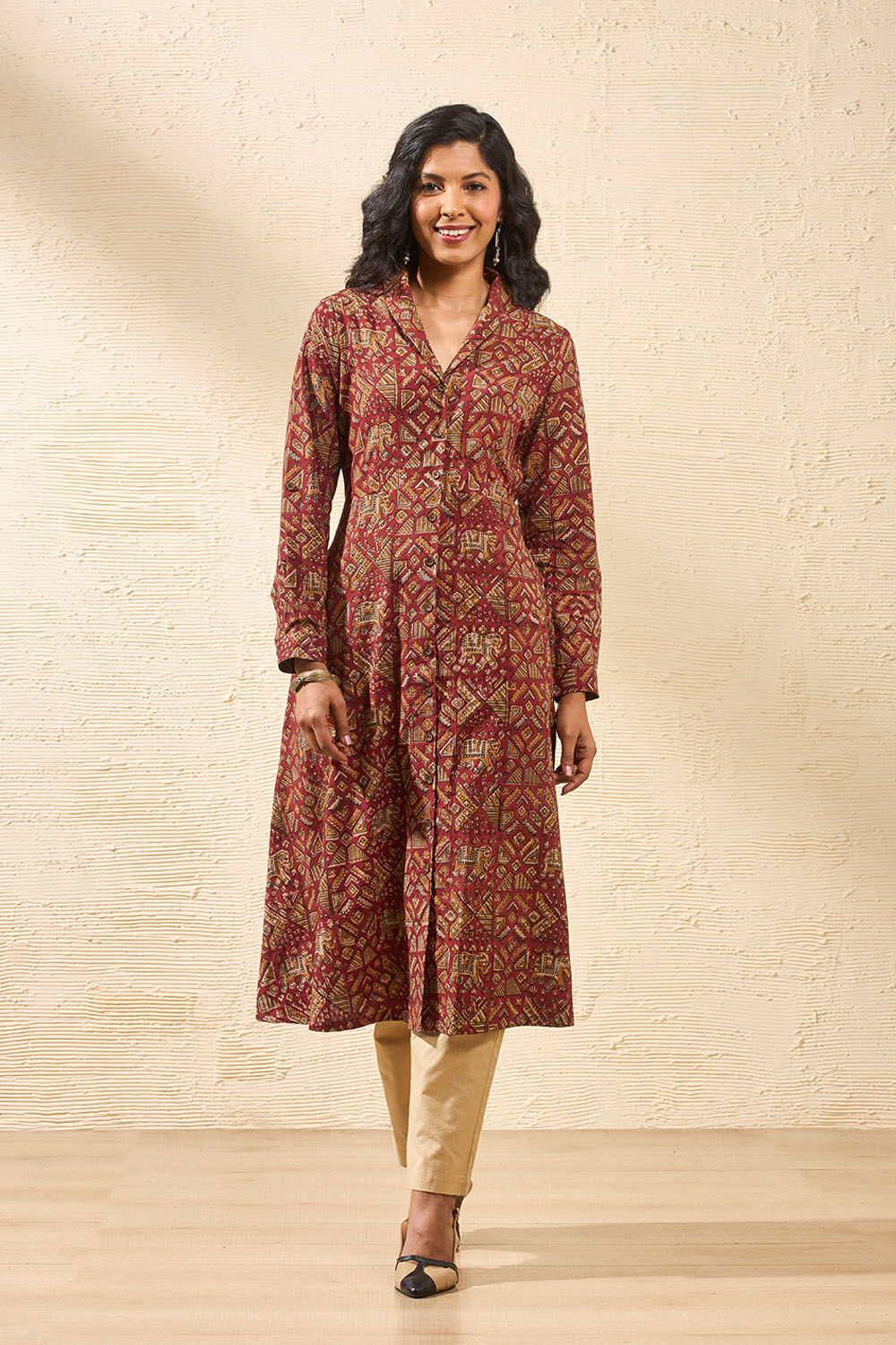 Red Block Printed Kalamkari Pure Cotton Kurta image number null
