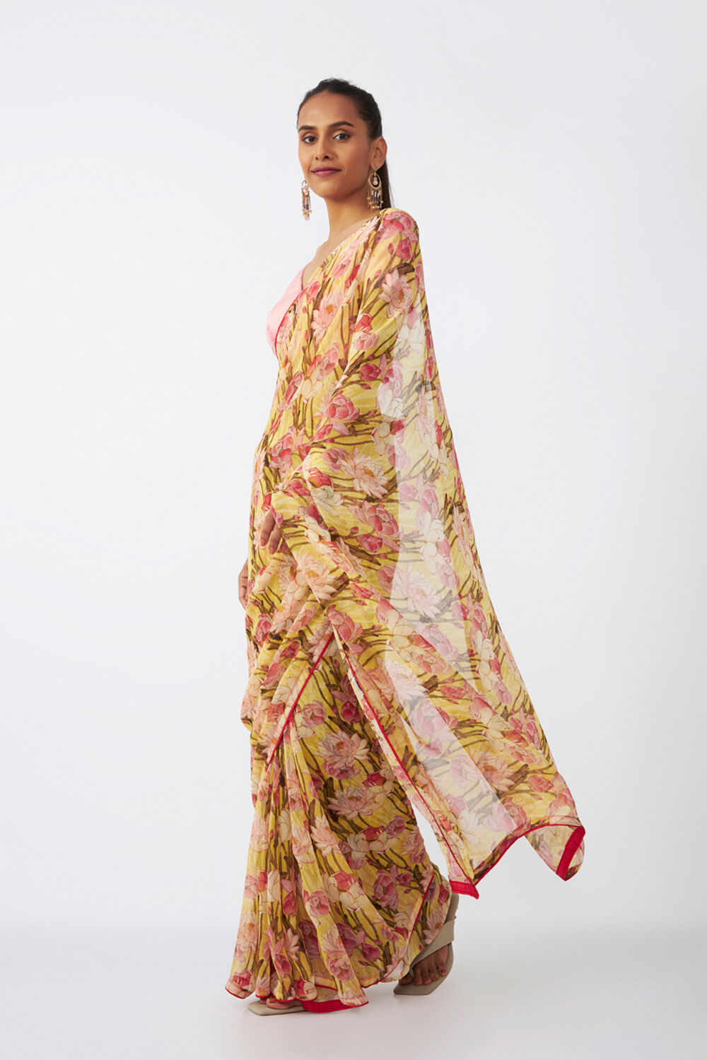 Yellow Viscose Chiffon Digital Printed Saree image number null