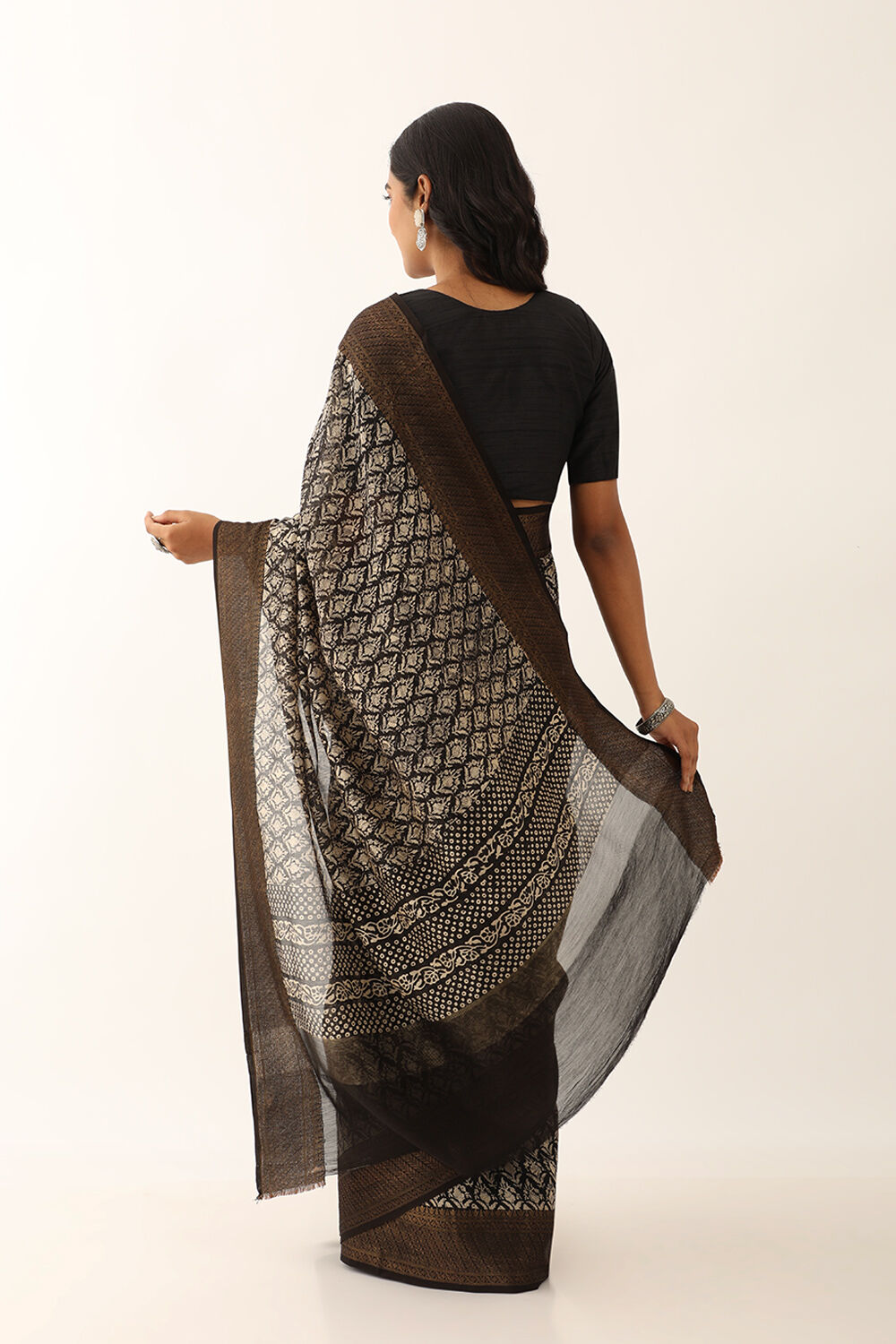 Black Pure Silk Cotton Block Printed Saree image number null