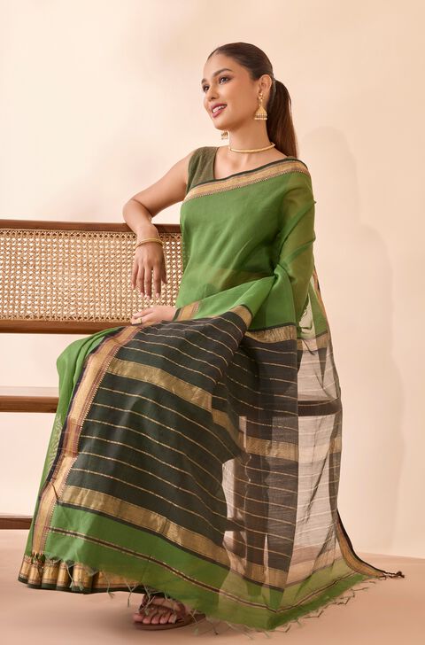 Green Woven Pure Silk Cotton Maheshwari Saree