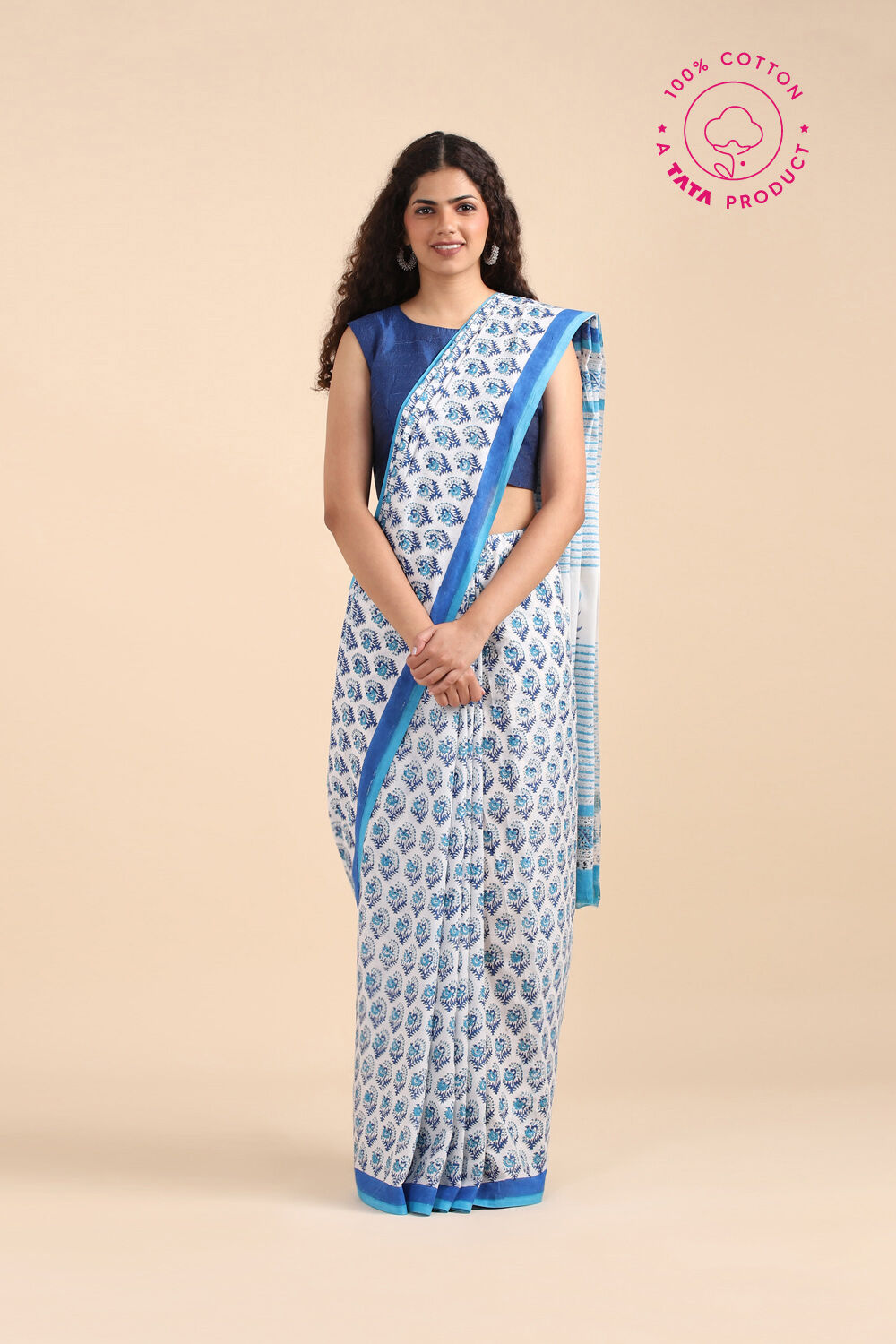 White Pure Cotton Sanganeri Printed Saree image number null