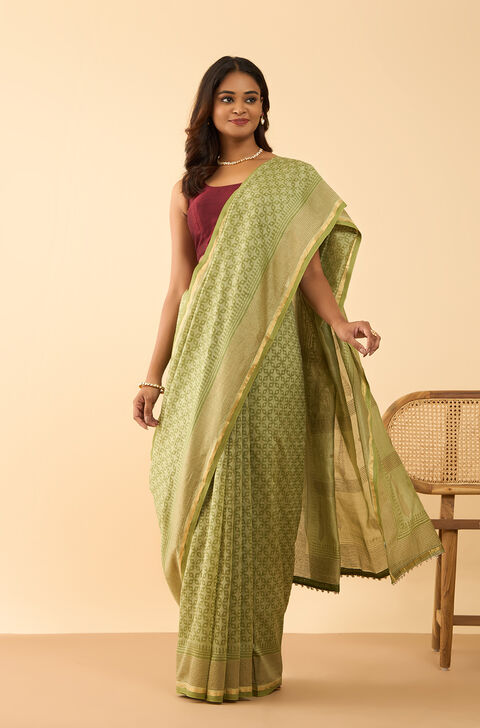 Green Rajasthan Block Printed Pure Silk Cotton Saree