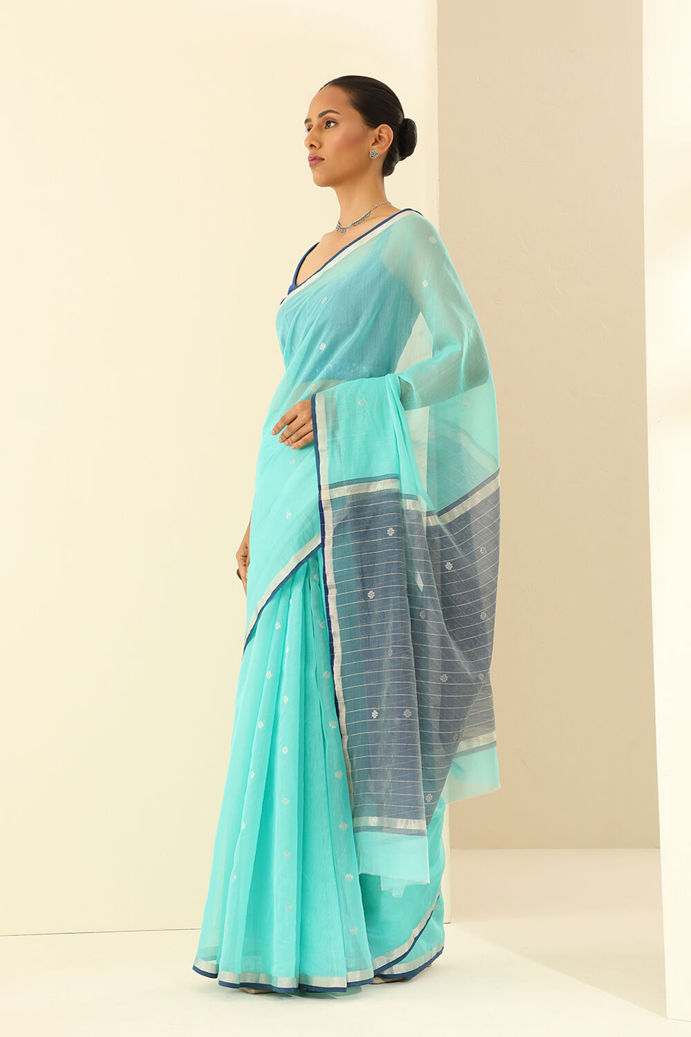 Light Bluish Green Pure Silk Cotton Woven Chanderi Saree image number null
