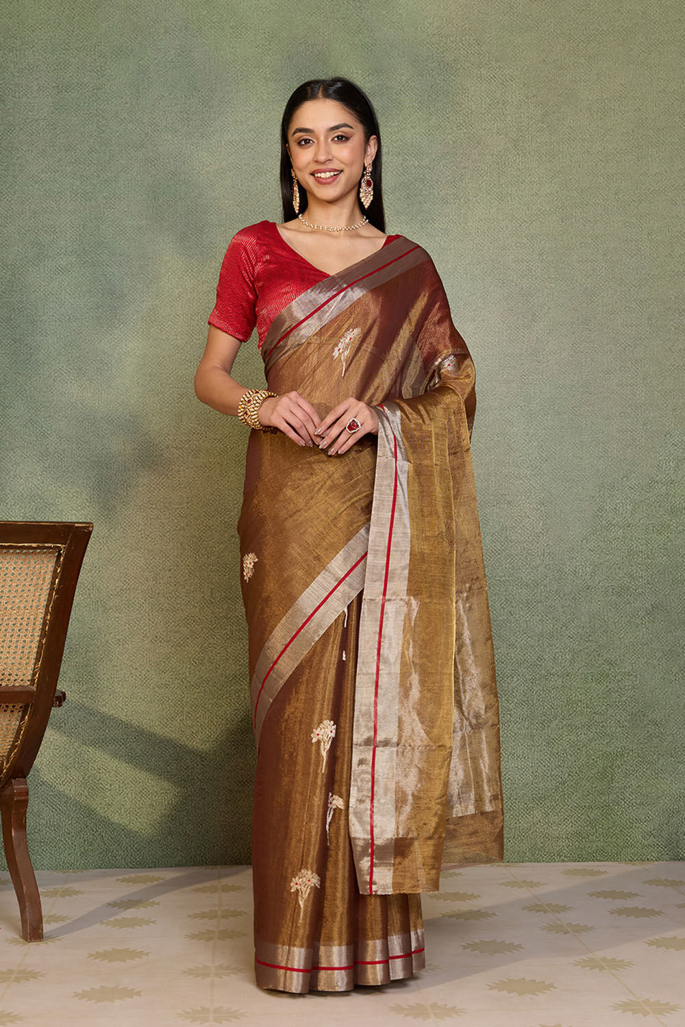 Brown Woven Pure Tissue Cotton Chanderi Saree image number null