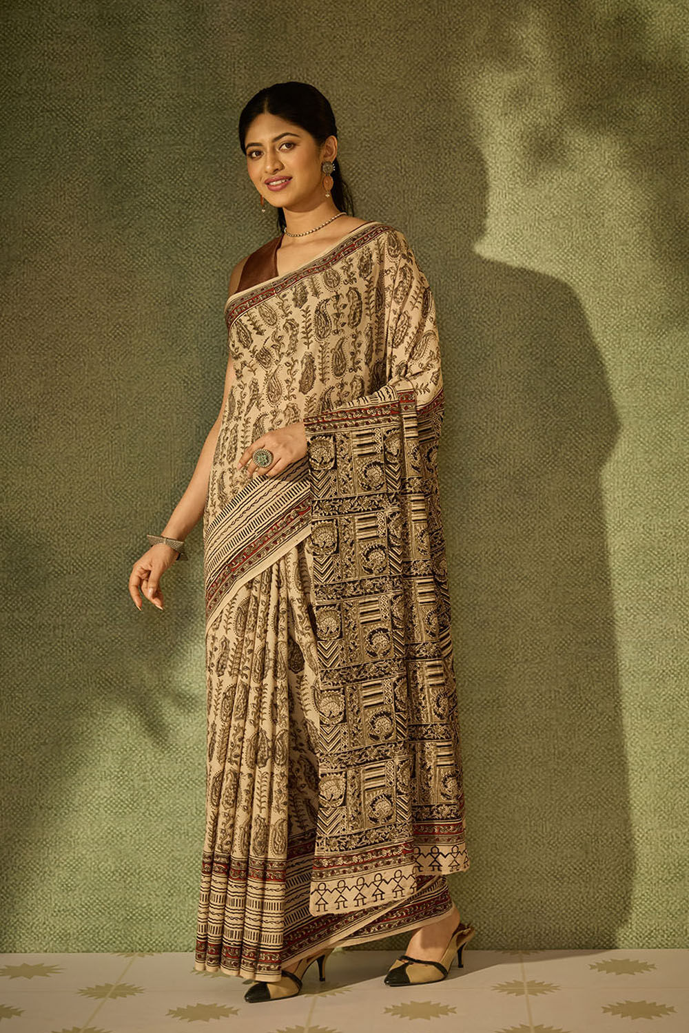 Beige Printed Kalamkari Machilipatnam Pure Cotton Saree image number null