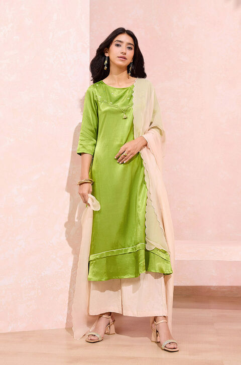 Green Viscose Cotton Embroidered Kurta Set