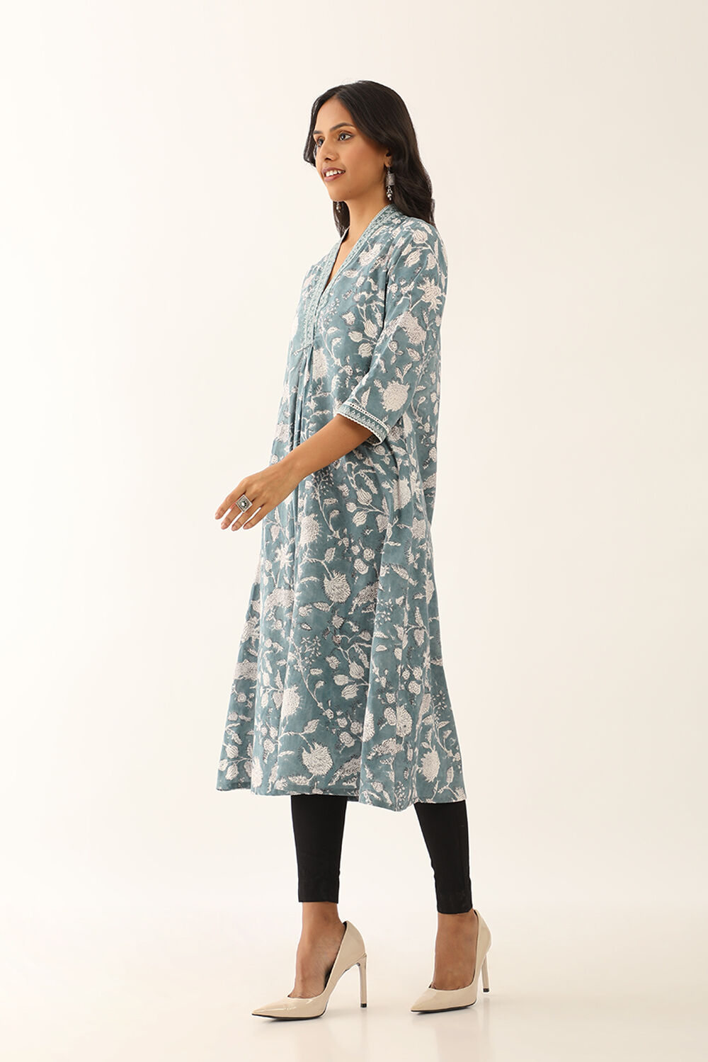 Blue Pure Cotton Block Printed Kurta with Embroidery image number null