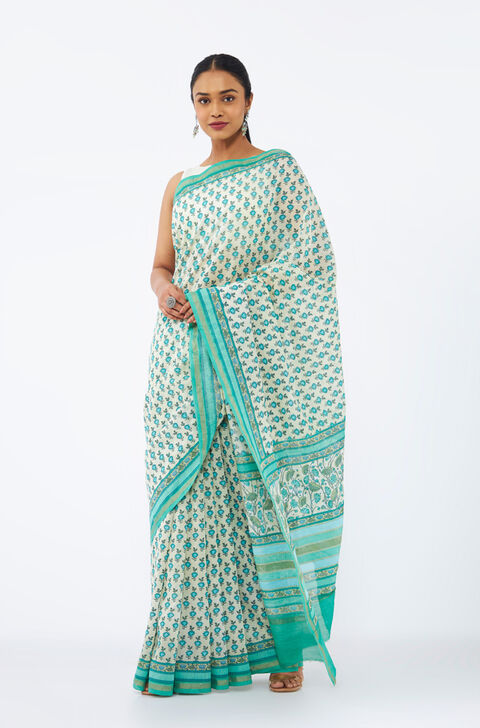 Blue Pure Silk Cotton Printed Saree