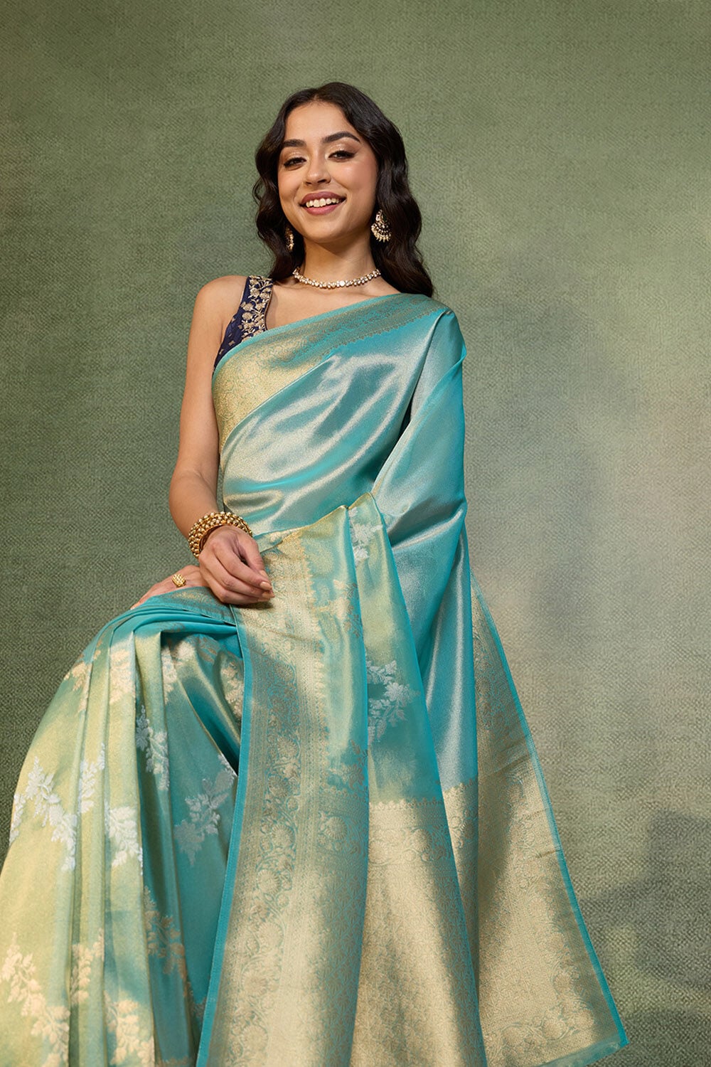 Light Blue   Woven Viscose Tissue Saree image number null