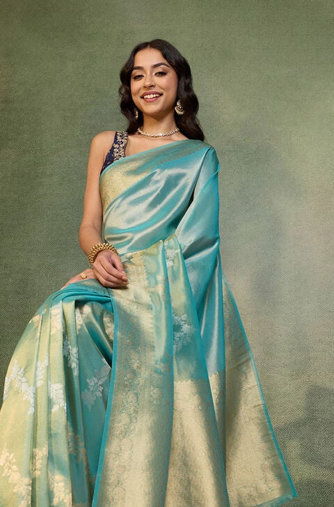 Light Blue   Woven Viscose Tissue Saree