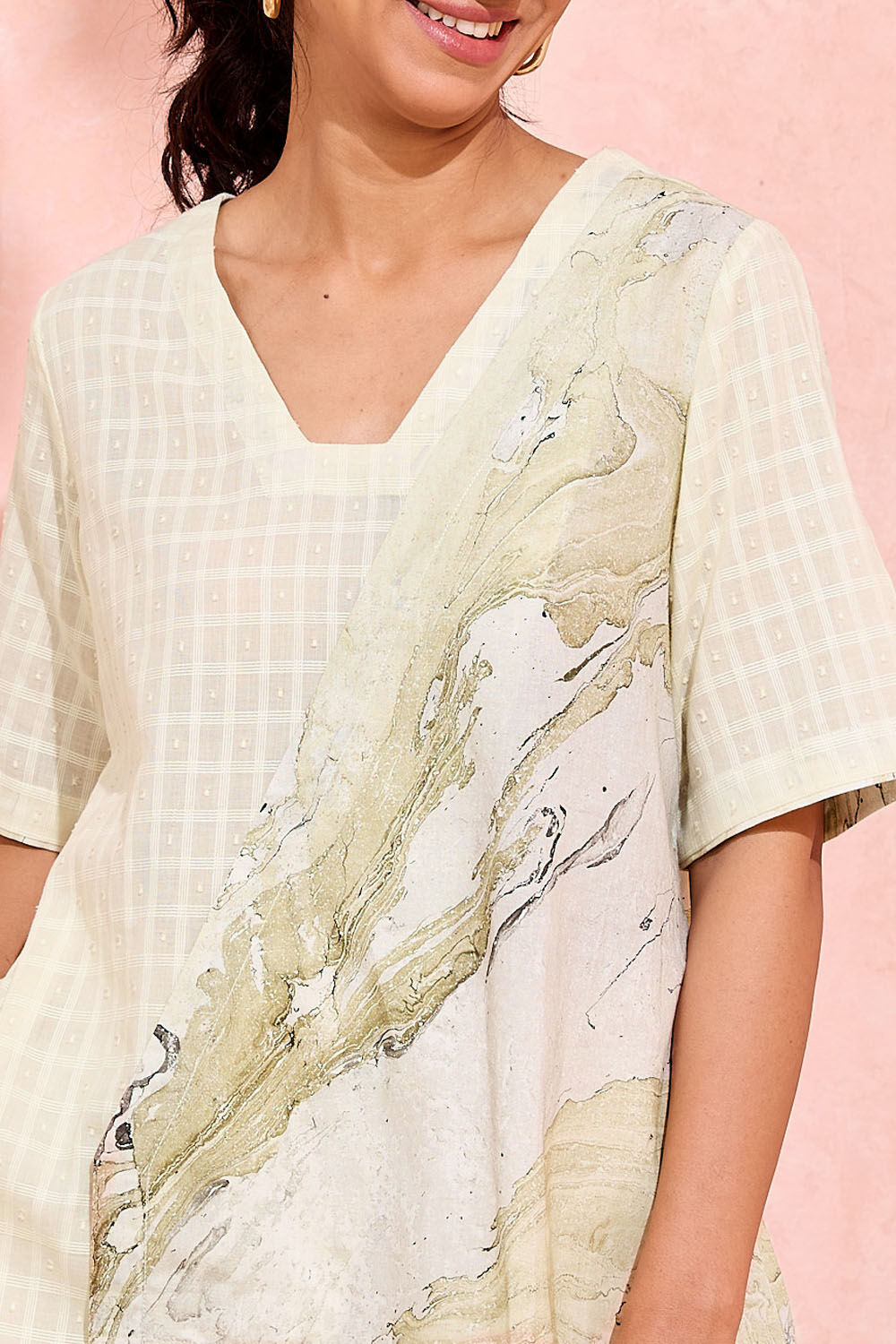 Light Yellow Pure Cotton Marble Printed Short Top image number null