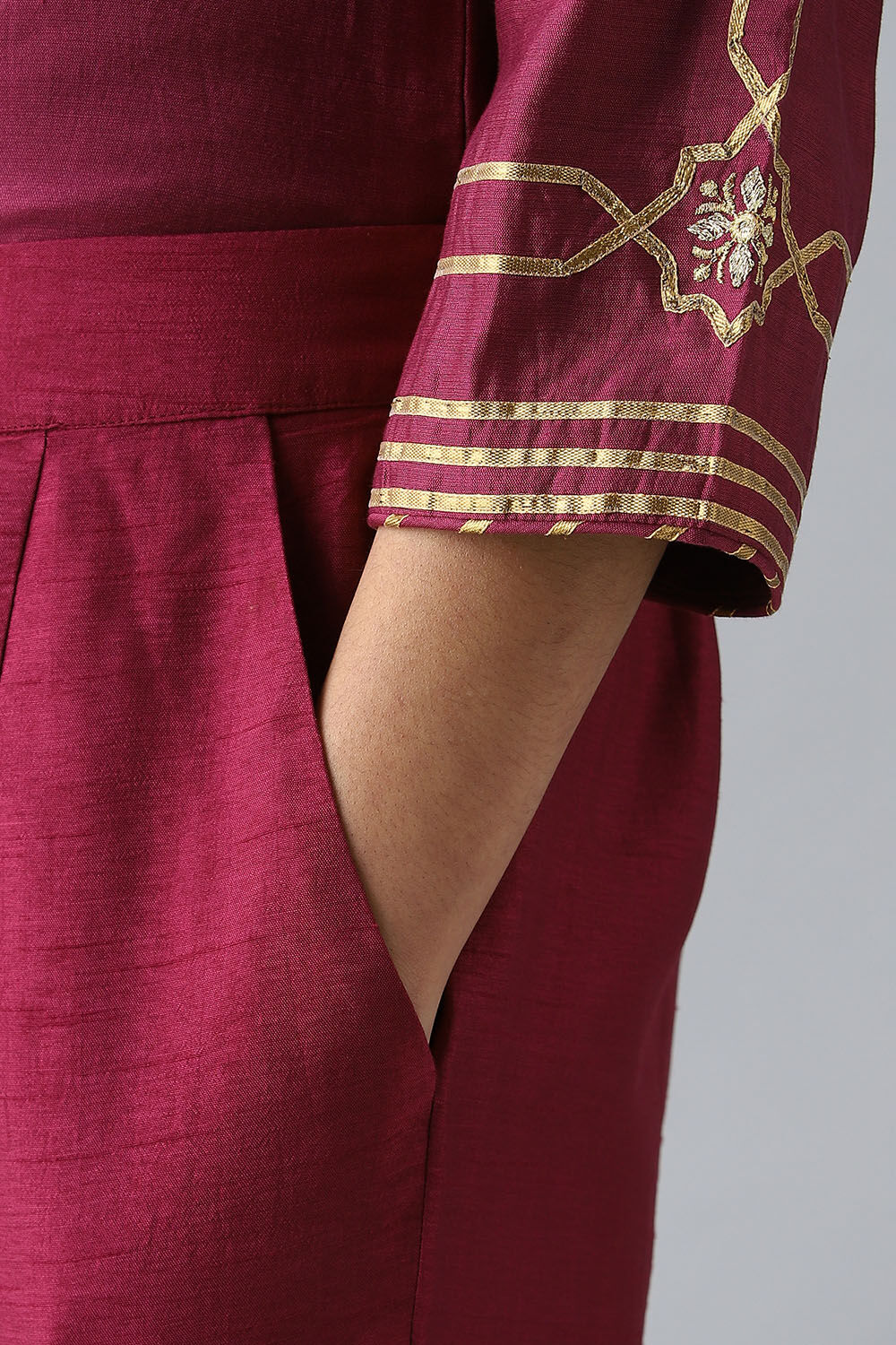 Purple Embroidered Silk Cotton Kurta Set image number null