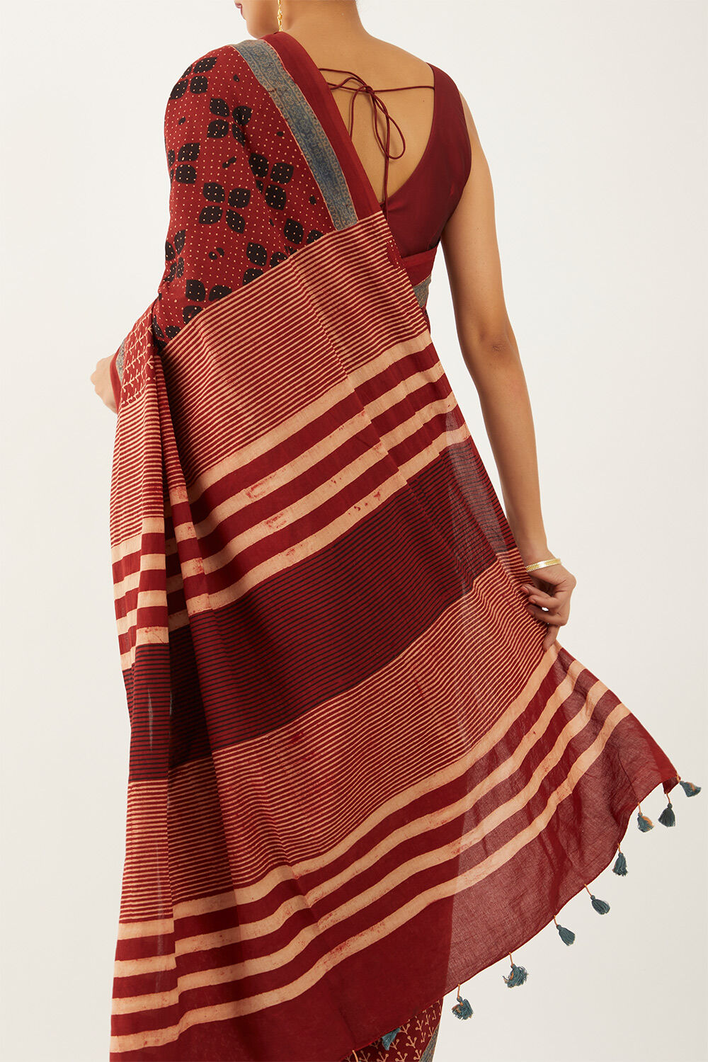 Red Pure Cotton Ajrakh Block Print Saree image number null