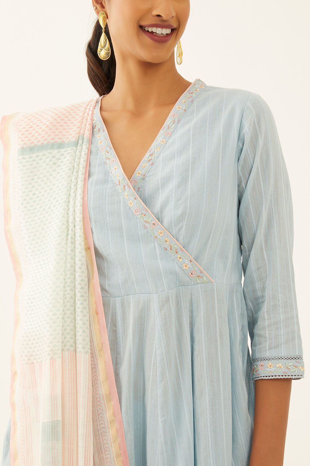 Light Blue Cotton Block Printed Kurta Set image number null